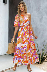 Robe longue imprimée asymétrique avec ceinture nouée
